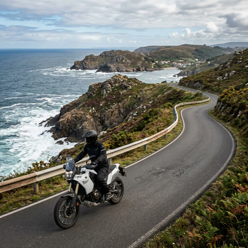 Motorcyclist riding on narrow coastal road beside rocky cliffs and ocean