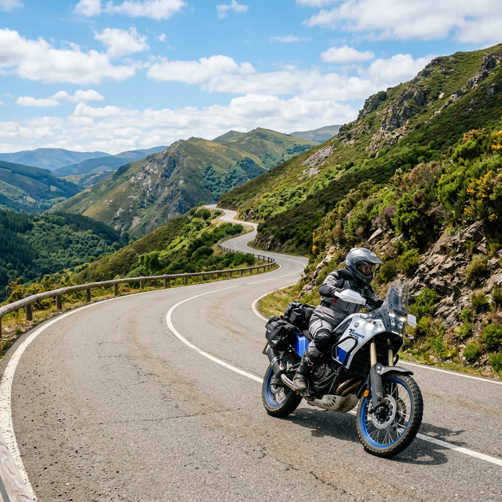 Motorcyclist riding adventure motorcycle on winding mountain road with greenery
