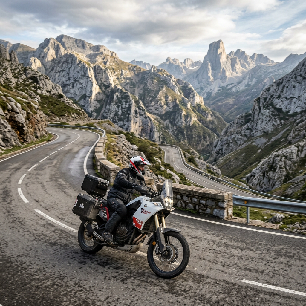 Motorcyclist riding a white adventure motorcycle on a curvy mountain road with rocky peaks in the background